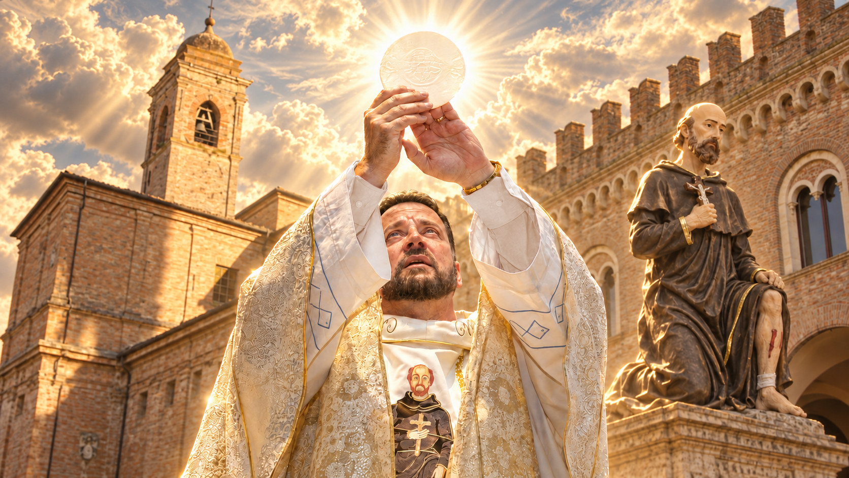 Sacerdote elevando a Eucaristia em praça histórica, sob raios dourados
